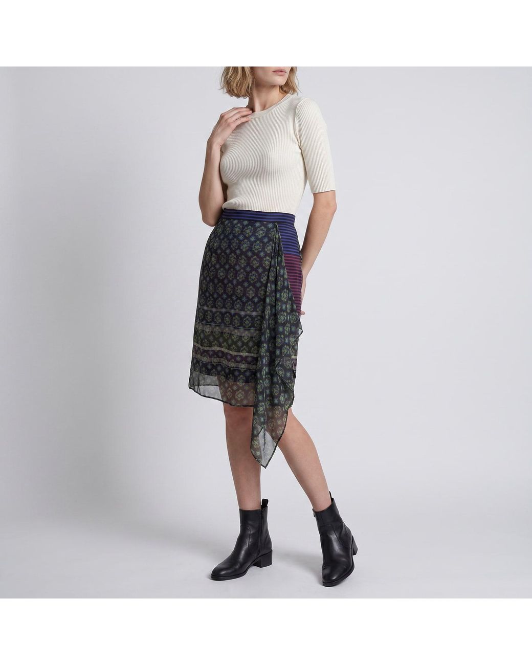 Modenaire Gray Geometric Print Chiffon Midi Skirt With Draped Asymmetric Side Panel
