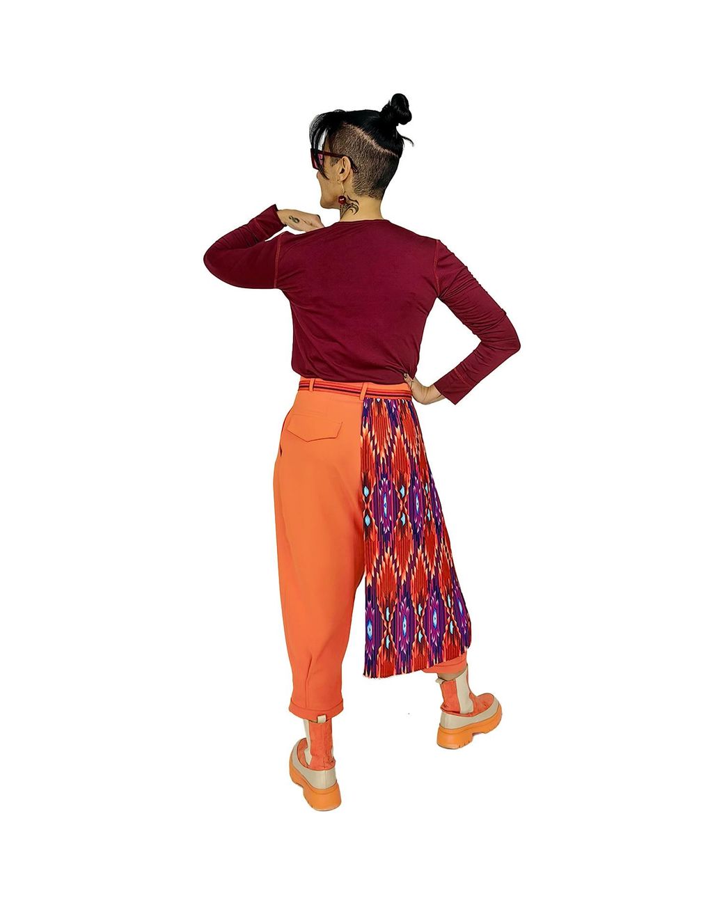 Lalipop Design Orange Baggy Pants With Detachable Pleated Half-Skirt