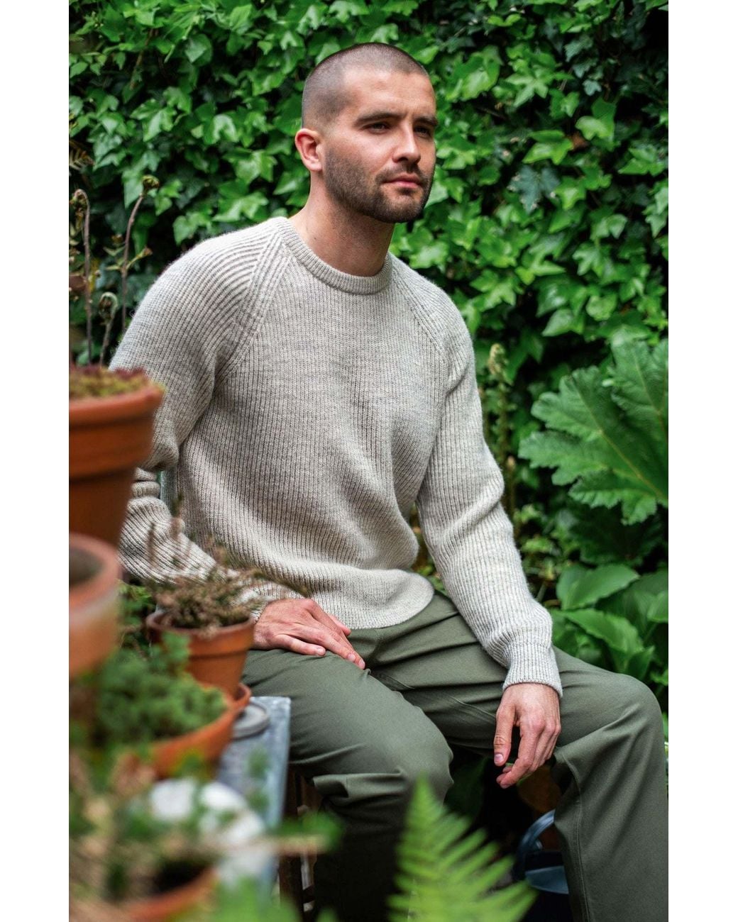 Paul James Knitwear Gray Neutrals Sheepsoft British Wool Byron Fisherman Rib Knit Jumper for men