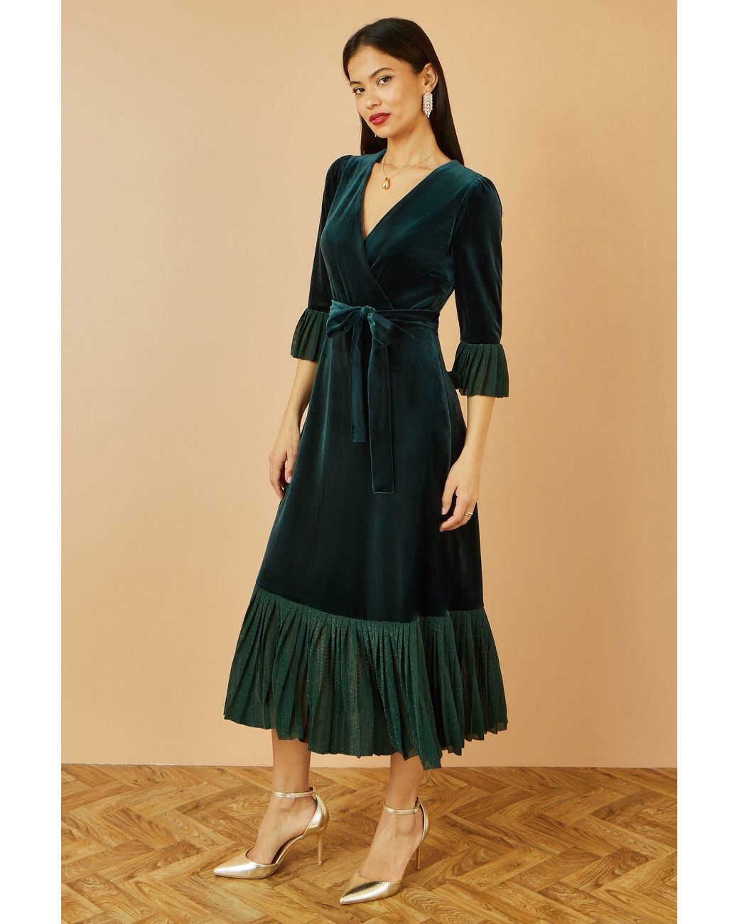 Yumi' Black Velvet Wrap Midi Dress With Contrast Hemline