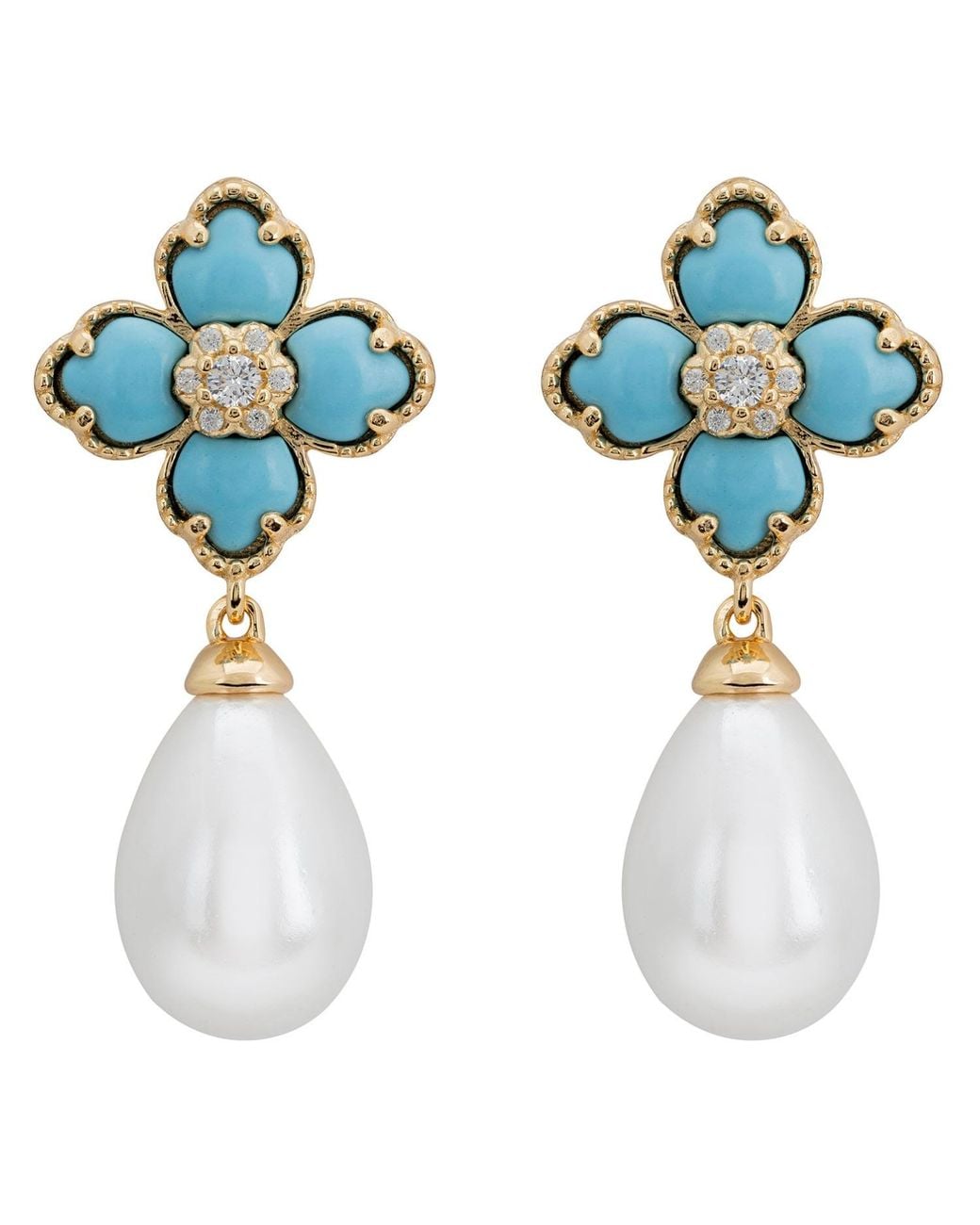 Latelita London Blue Flower Clover Pearl Drop Earrings