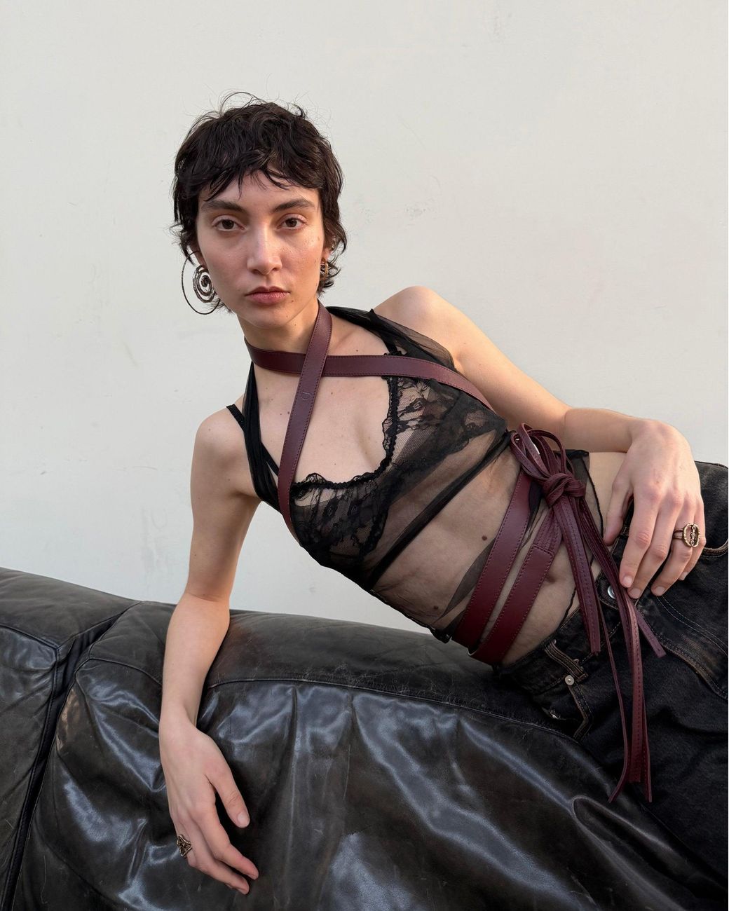 GYUNIA Black Eva Harness Belt Burgundy Leather