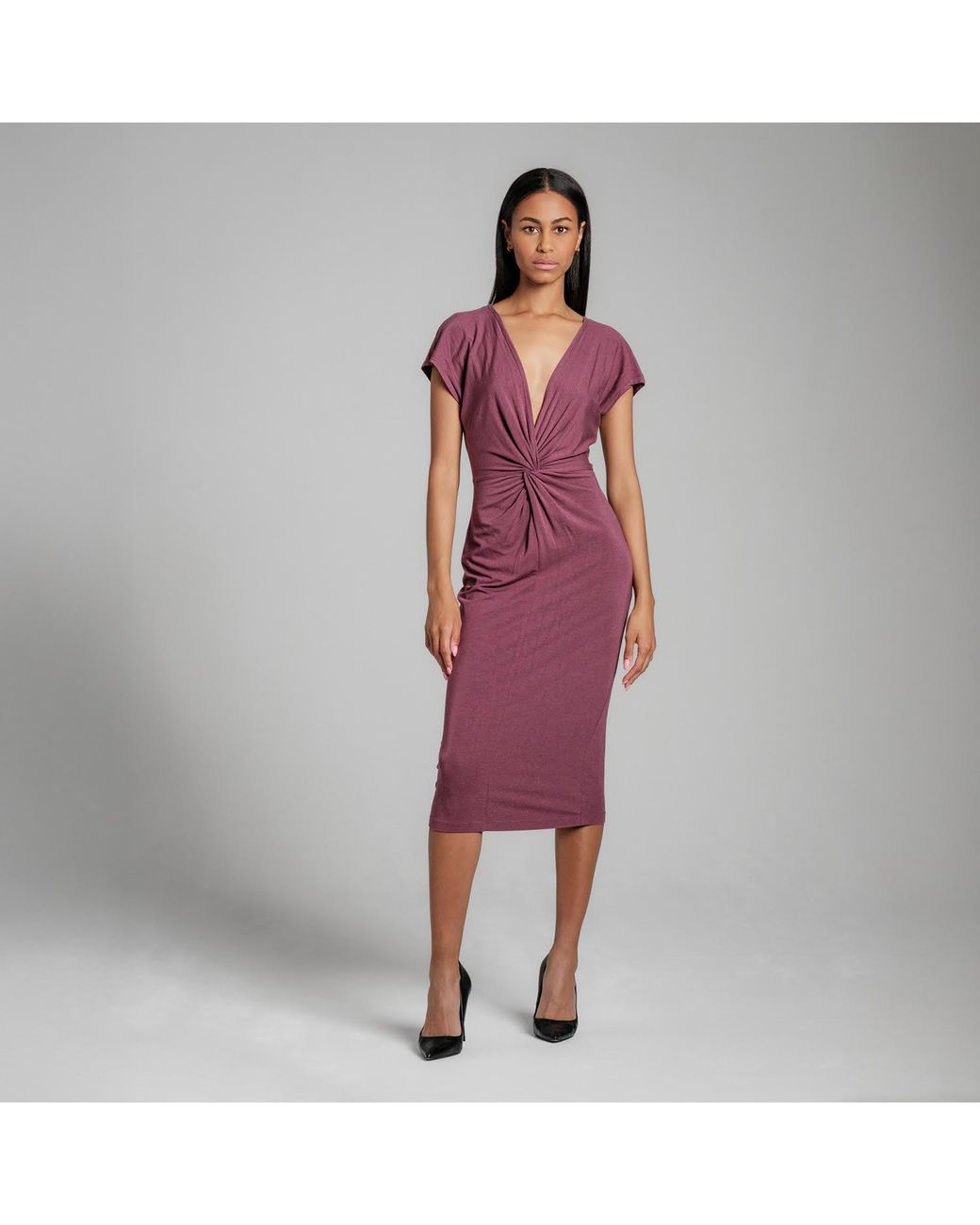 Imaatu Purple Masee Plunge Deep V-Neck Knot Bamboo Midi Dress Berry