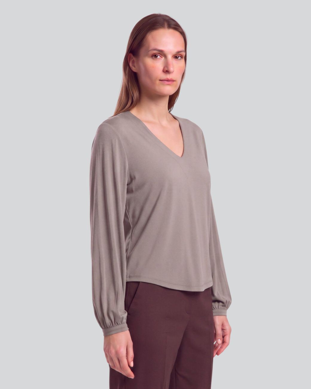 Lords of Harlech Brown Val Sage Lyocell Stretch V-Neck Top