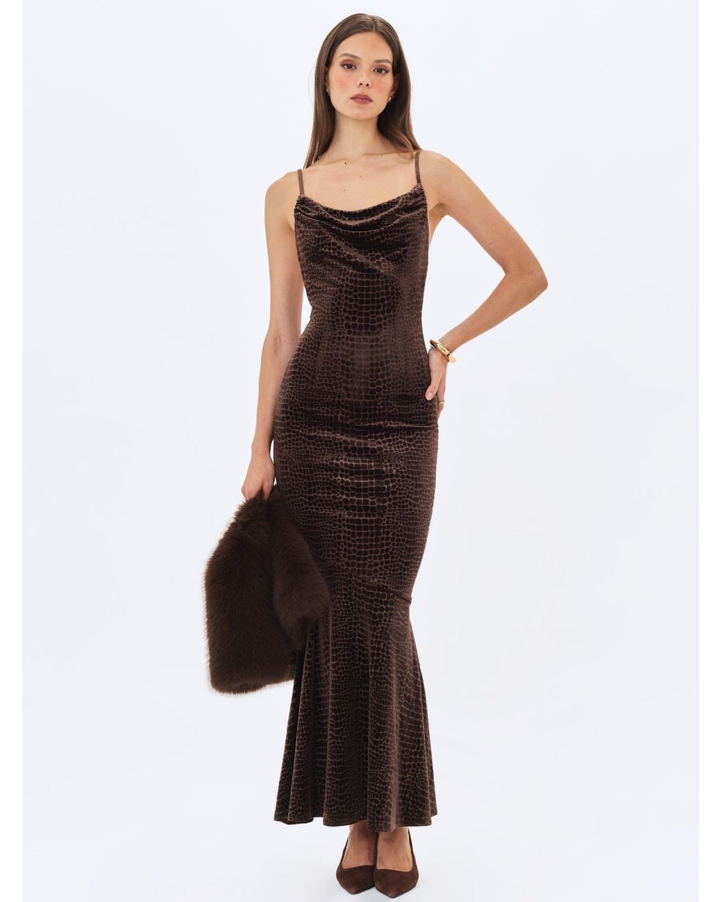 Miss Circle New York White Veronique Croc-Embossed Velvet Cowl Neck Mermaid Maxi Dress