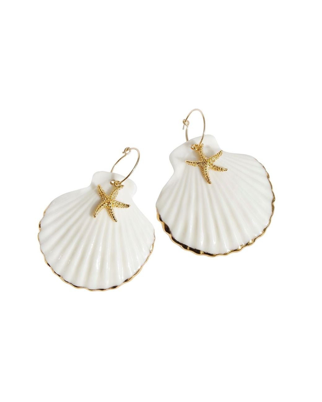 POPORCELAIN Metallic Golden Edge Clam Shell With Starfish Hoop Earrings