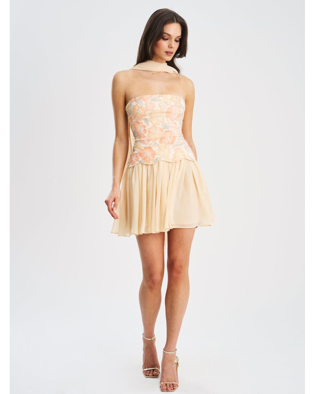 Miss Circle New York Natural Quanisha Beaded Floral Mini Chiffon Dress With Scarf