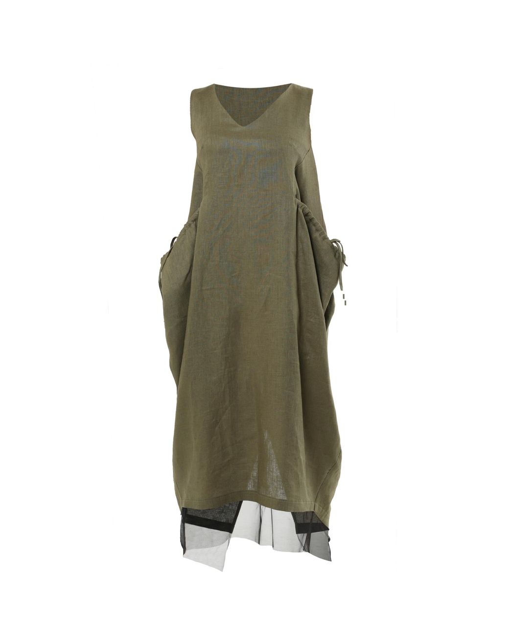 Metamorph Green Long Linen Dress With Oversized Pockets