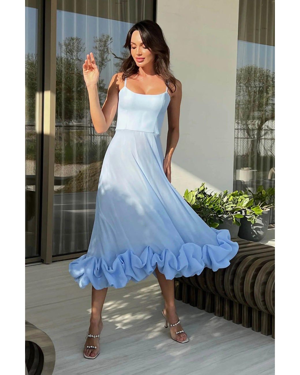 POST MERIDIEM Blue Flounce Bustier Midi Dress