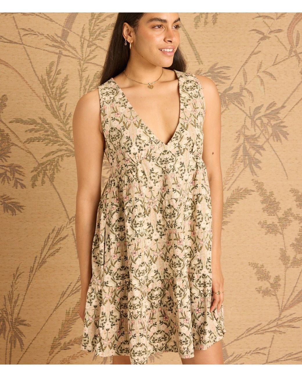 Known Supply Natural Tiered V-Neck Dress