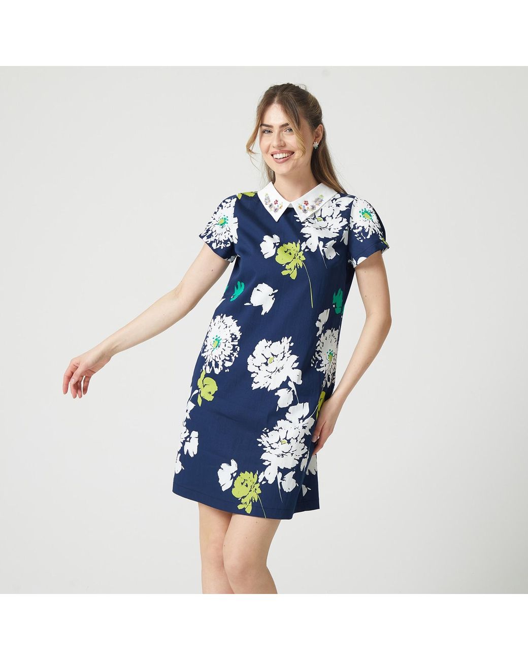 Lalipop Design Blue A-Line Mini Dress With Bead Embroidered Collar
