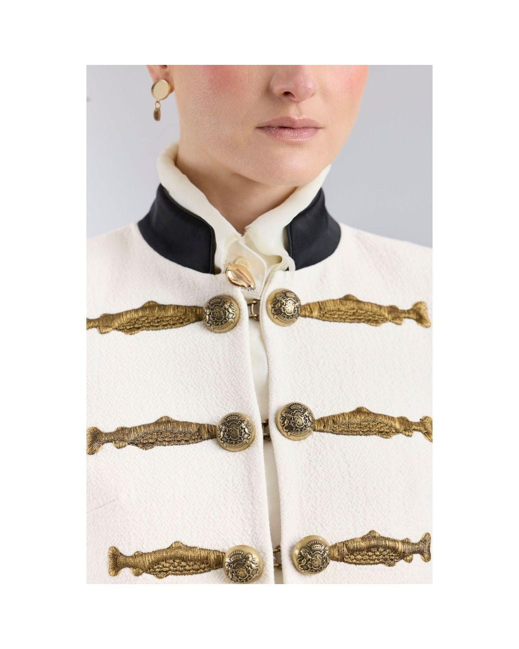 The Extreme Collection White Neutrals Ivory Military Tailored Blazer With Embroidery Nuvola