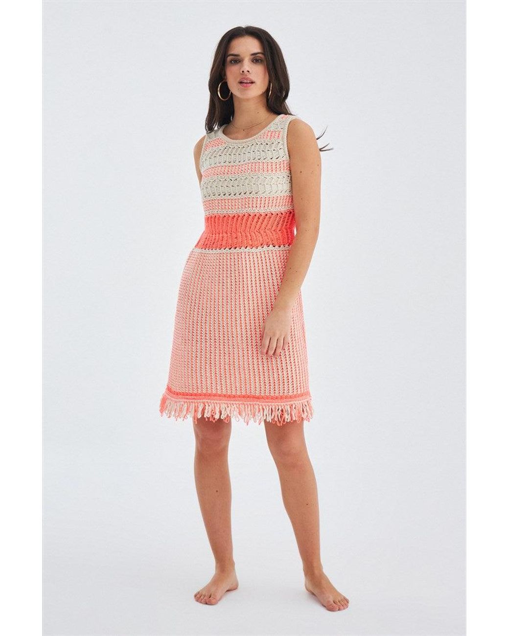 Peraluna Pink Kiyo Sleeveless Above-Knee Tasseled Open Work Summer Knit Dress