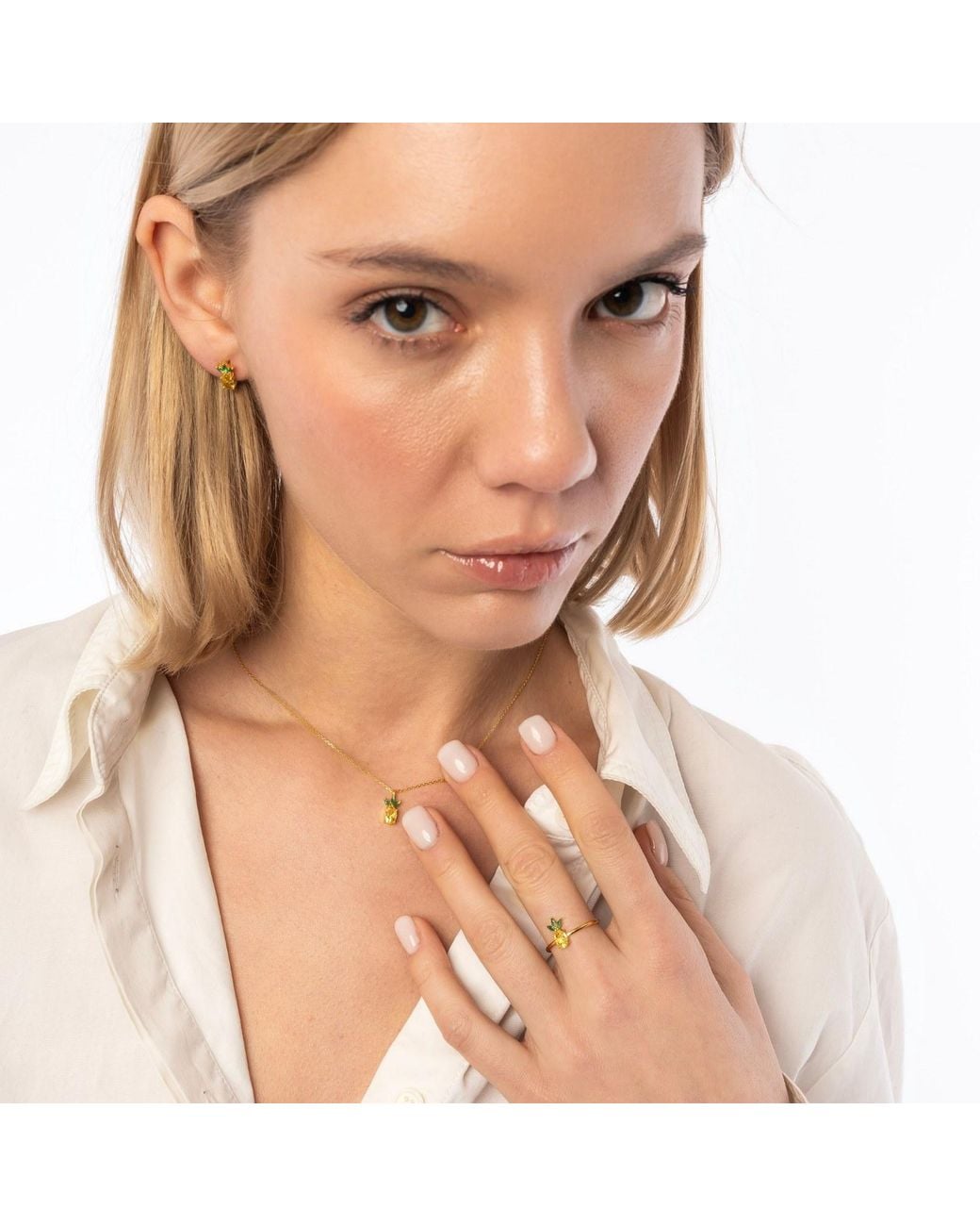 Spero London Metallic Pineapple Sterling Necklace Ring & Earring Set