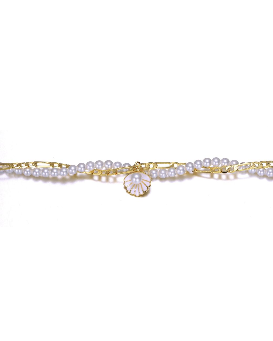 Genevive Jewelry Metallic Plated Double Layer Pearl & Shell Charm Anklet