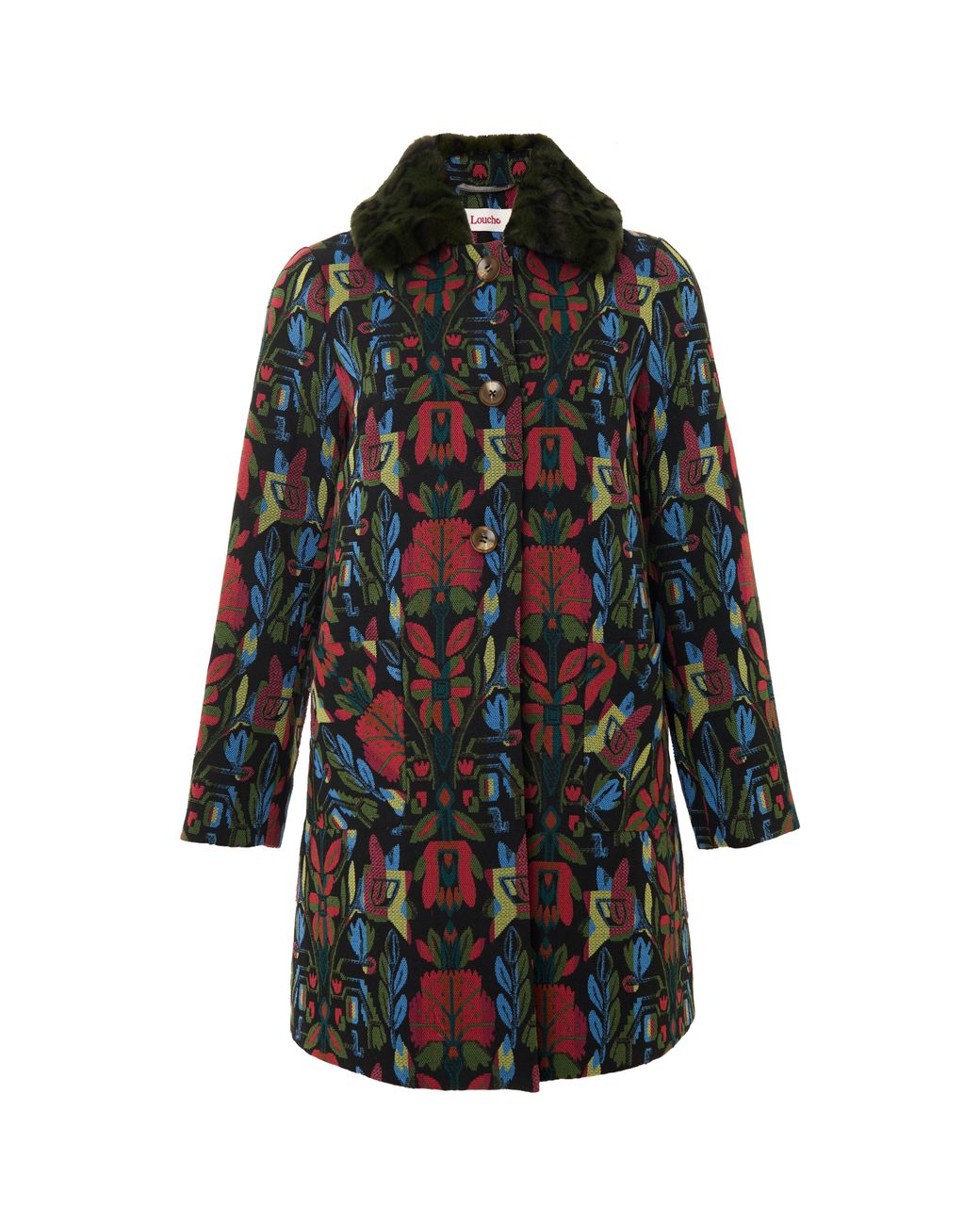 Louche Black Dryden Folk Jacquard Fur Collared Coat