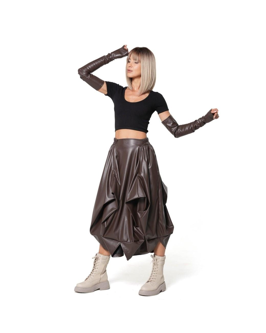 Metamorph Brown Vegan Leather Midi Skirt With Sculptural Folds