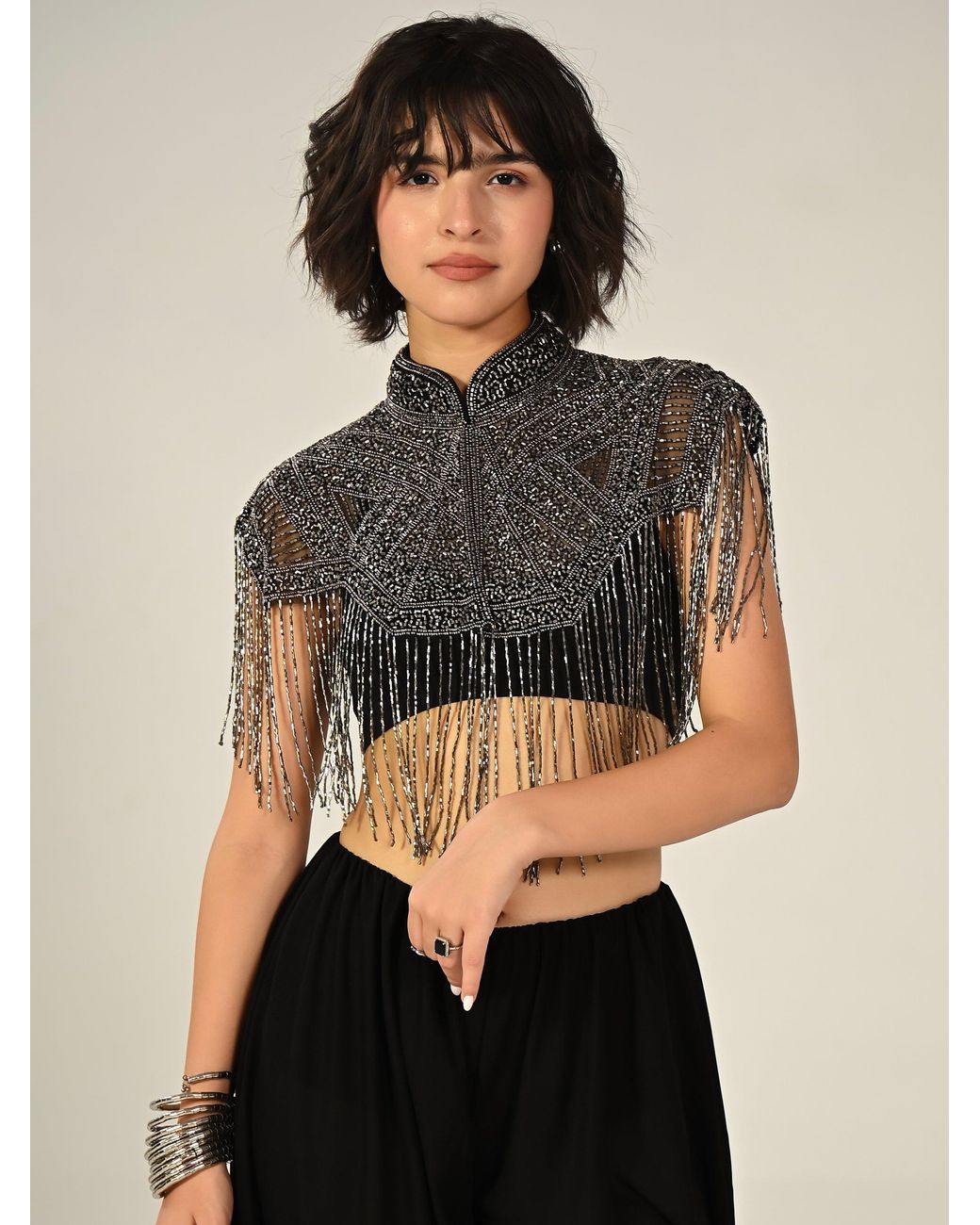 Rose & Nancy Black Bonnie Hand Embellished Fringe Cape Top