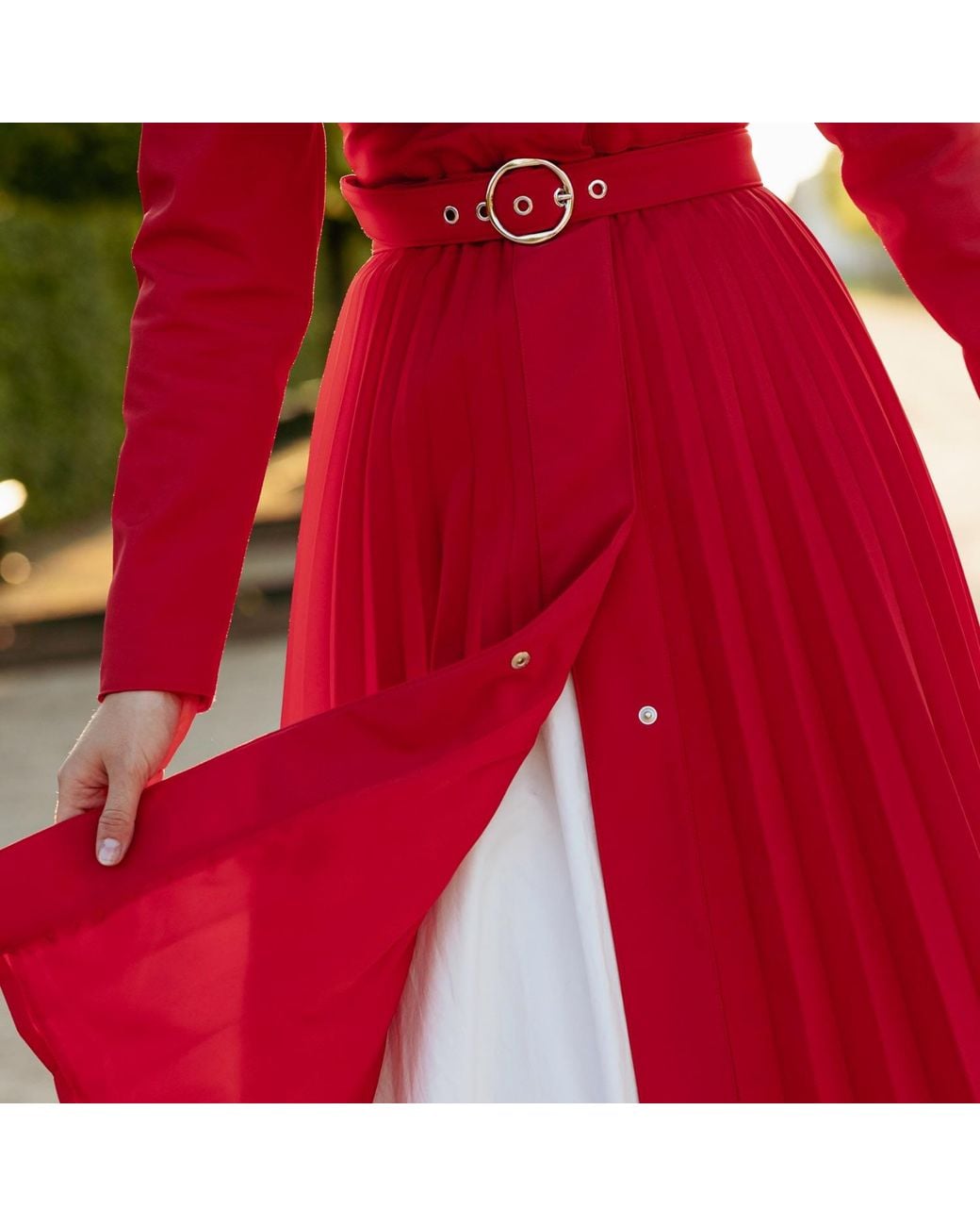 RainSisters Red Fit & Flare A-Line Coat With Pleated Skirt: Scarlet Waltz