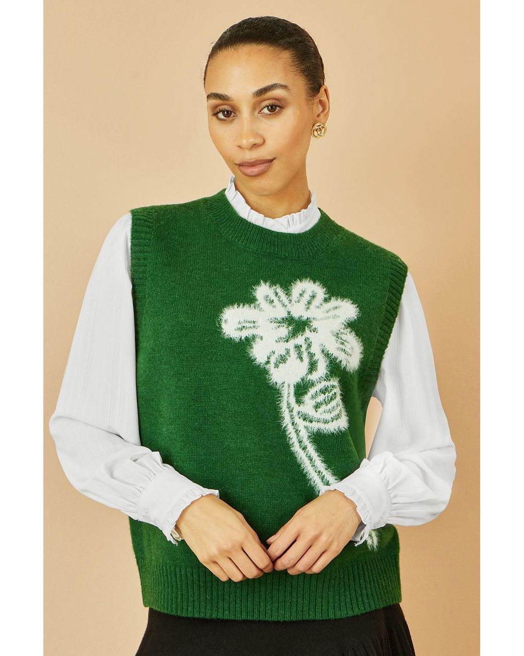 Yumi' Green Knitted Flower Sleeveless Jumper Vest