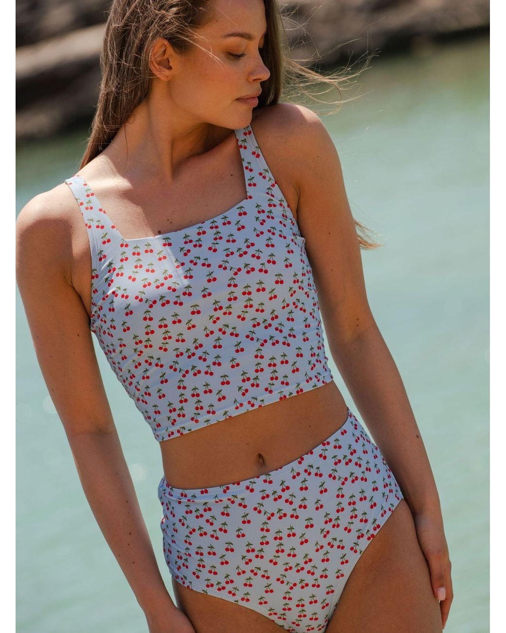 Lime Ricki Swimwear Blue Cherries Square Neck Crop Top
