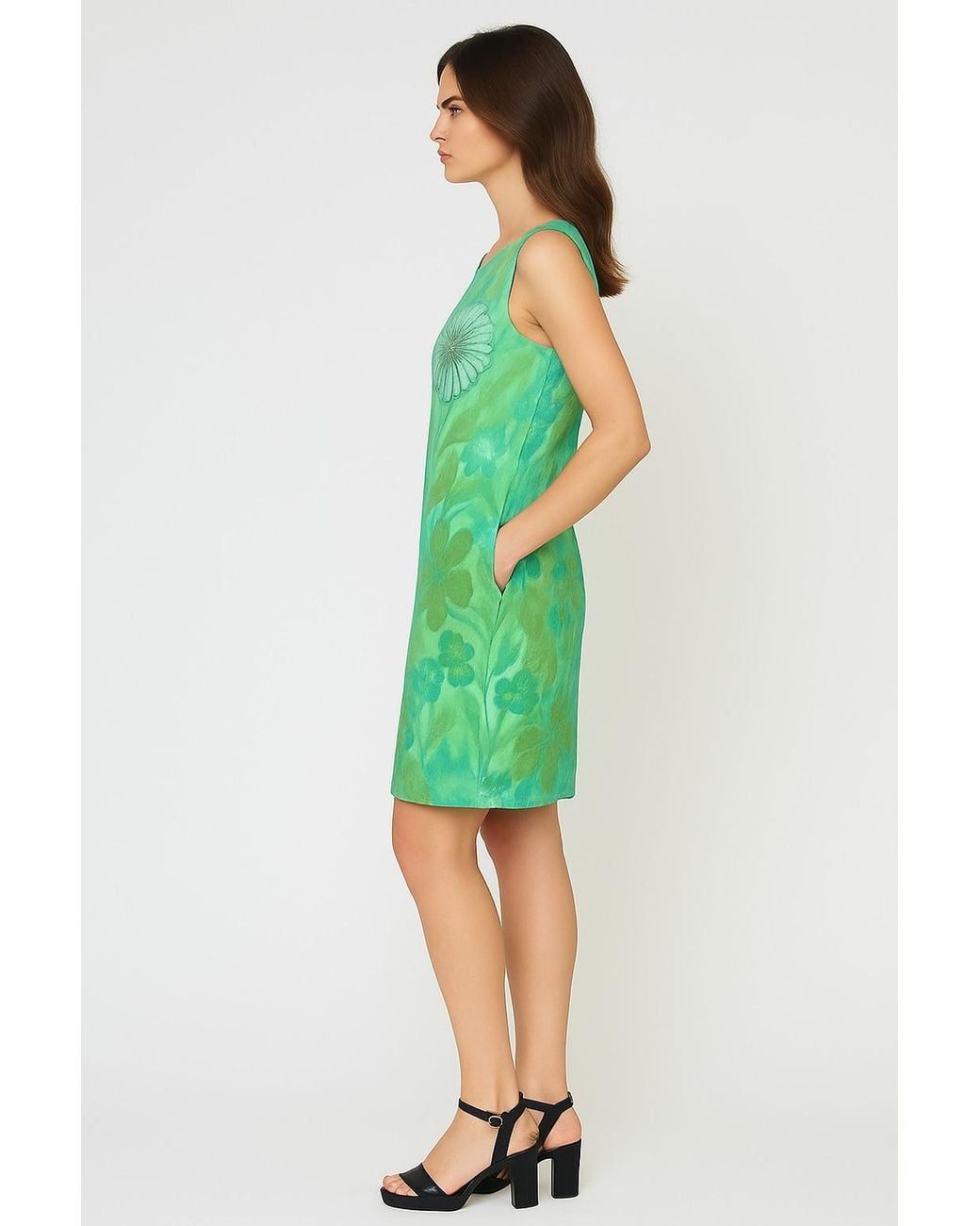Conquista Green Floral Light Voile Sleeveless Dress With Pockets
