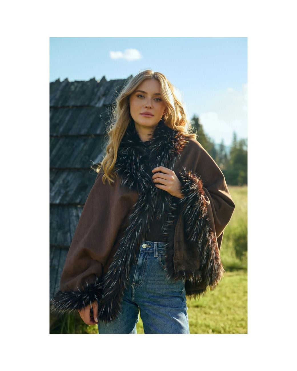 Saachi Brown Shaggy Faux Fur Cape Kimono