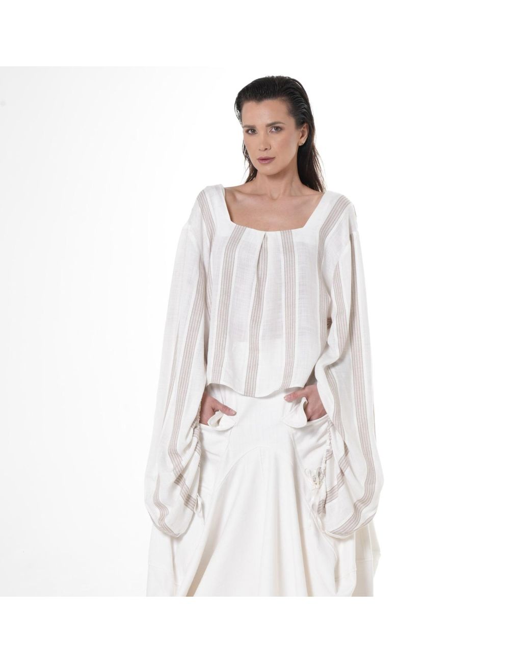 Metamorph White Neutrals Striped Top With Oversize Sleeves
