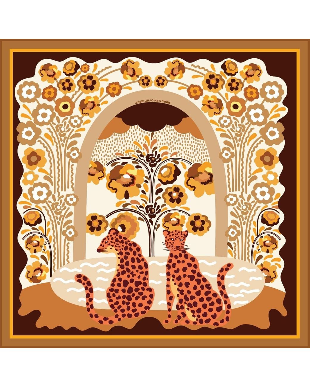 Jessie Zhao New York Brown Double Sided Silk Scarf Of Leopards With Floral Fountain
