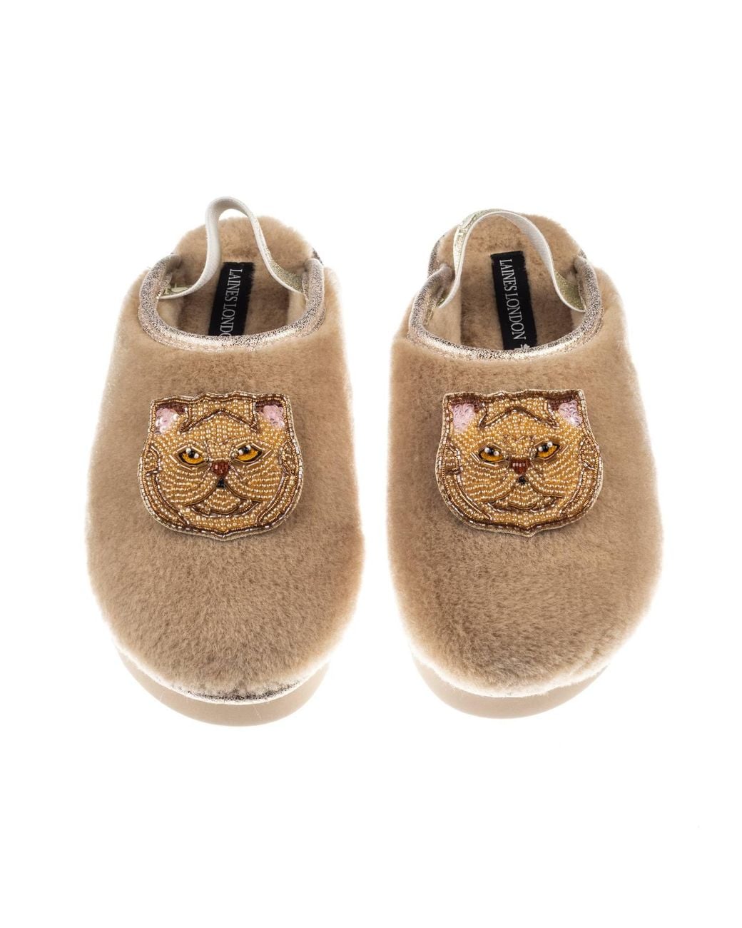 Laines London Natural Neutrals Flatform Cloud Slippers With Double Ginger Persian Cat Brooches