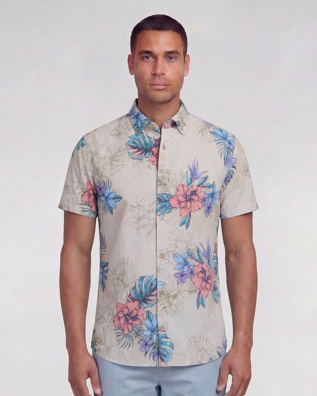 Lords of Harlech Blue Neutrals Todd Exotic Floral Neutral Knit Shirt for men