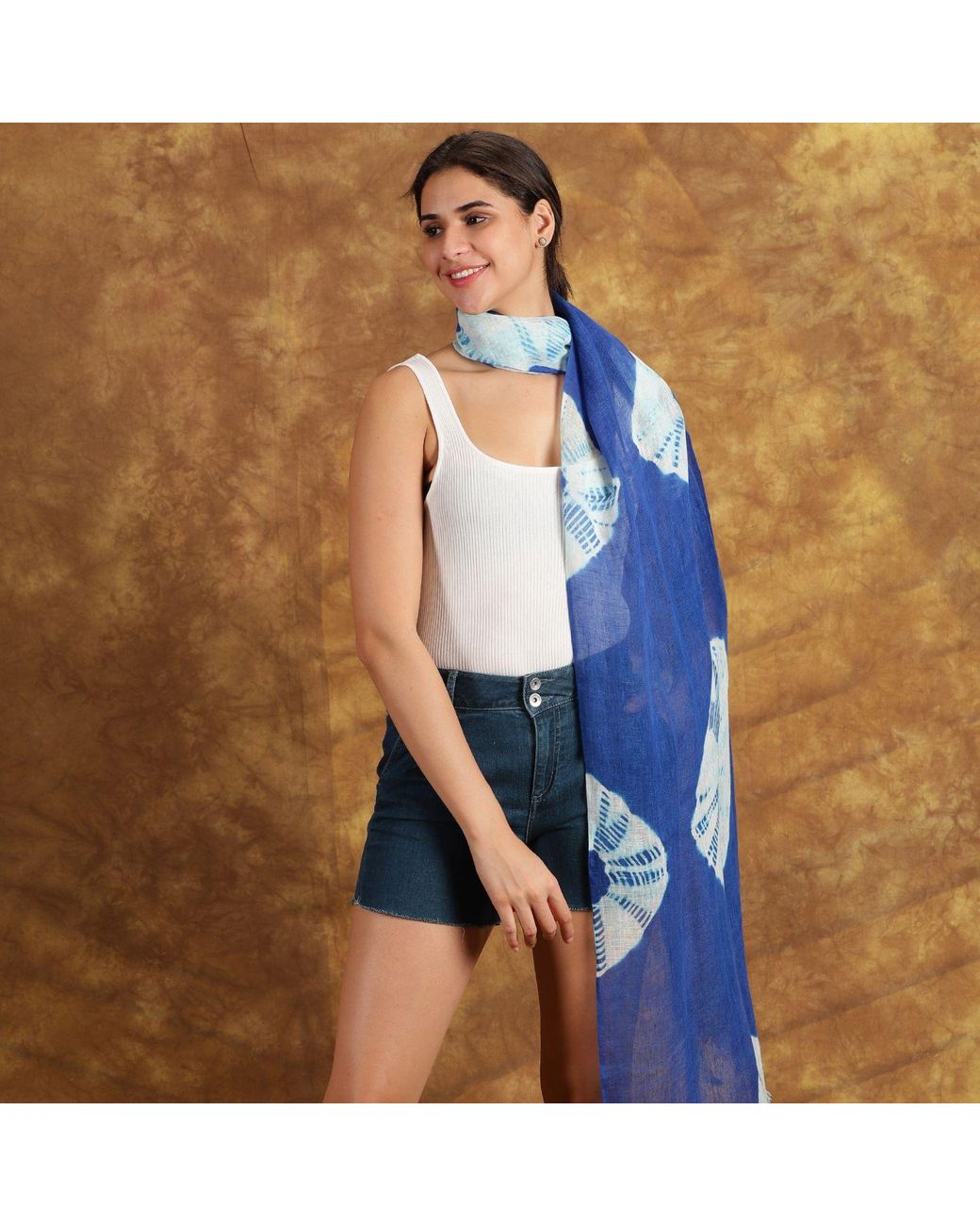 Heritagemoda Blue Handmade Marrakech Tie-Dye Linen Scarf