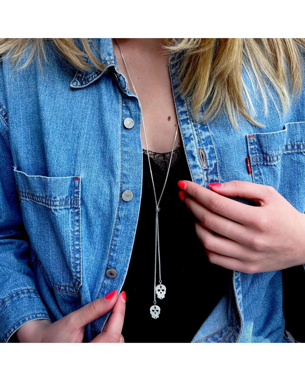 CarterGore Metallic Sugar Skull Sterling Slider Necklace