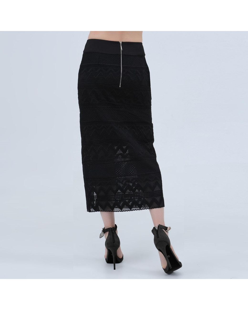 Smart and Joy Black Geometrical Lace Midi Skirt