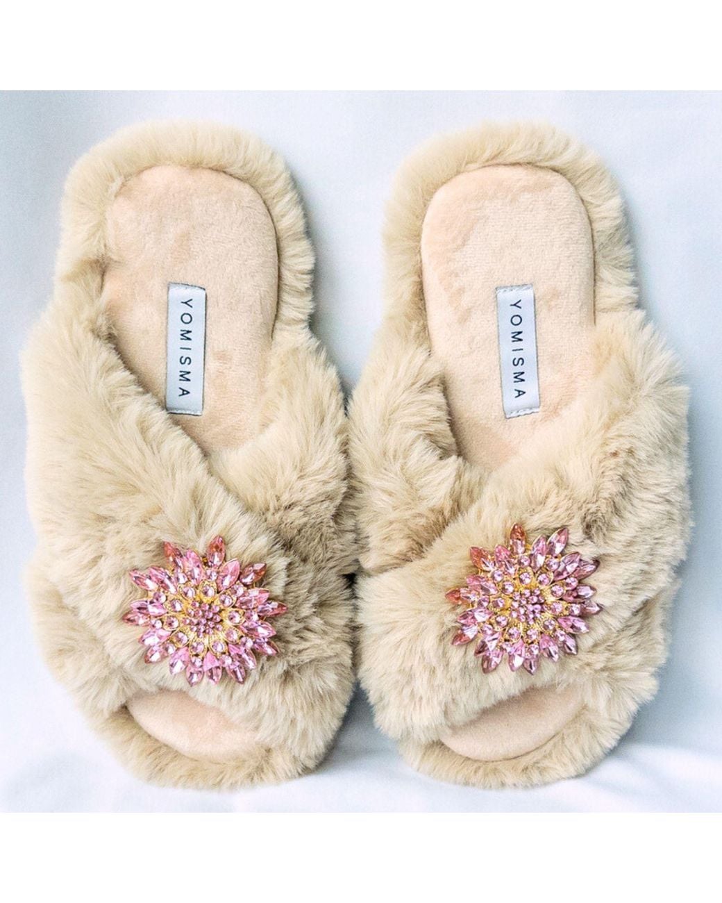 Yomisma Pink Neutrals Eco Faux Fur Slippers – Recycled Faux Fur + Removable Brooches