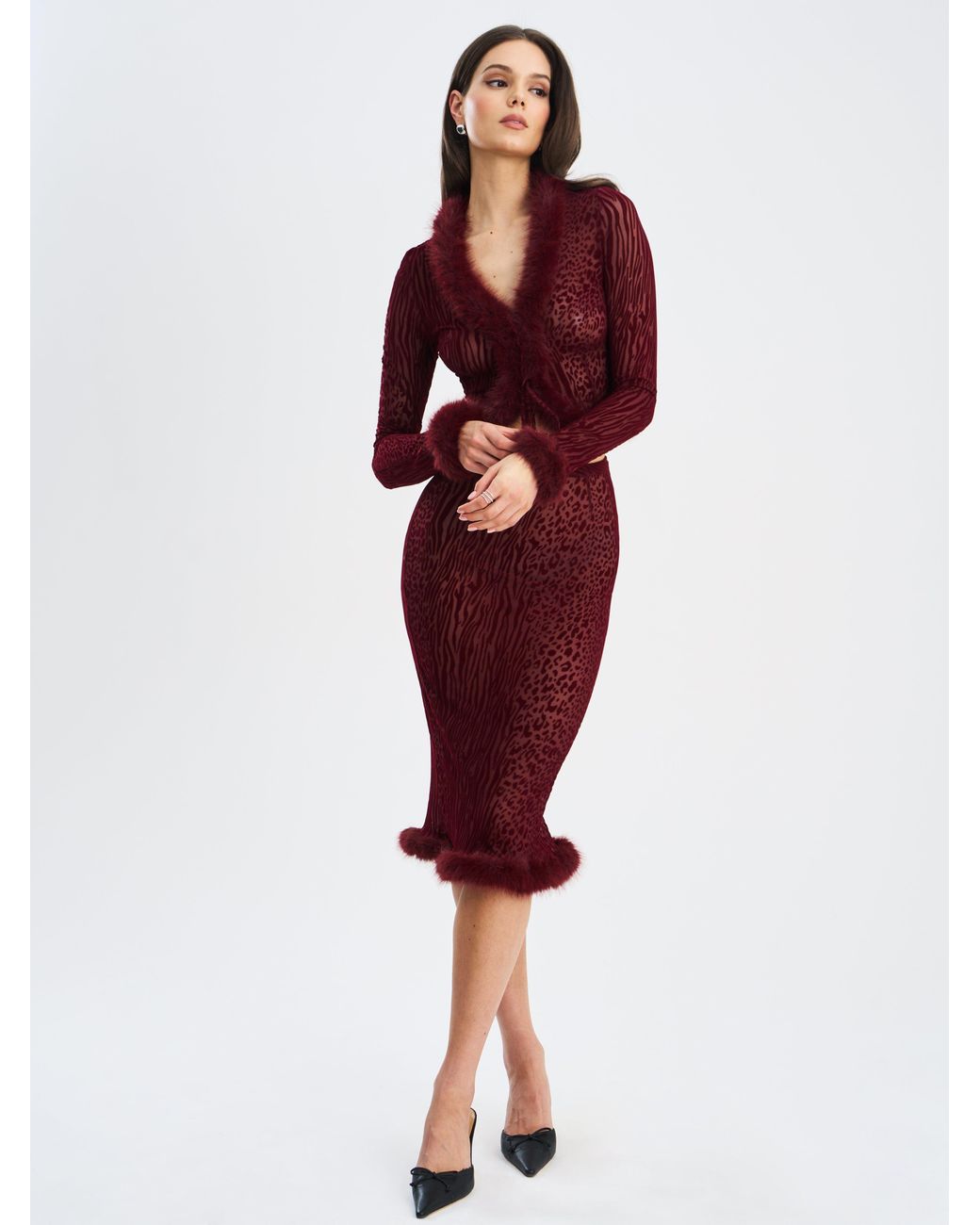 Miss Circle New York Red Halia Burgundy Animal Print Burnout Velvet Fur Trim Skirt