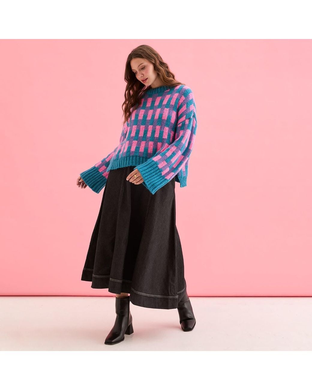 Cara & The Sky Blue Charlotte Geometric Pattern Wide Sleeve Knit Jumper