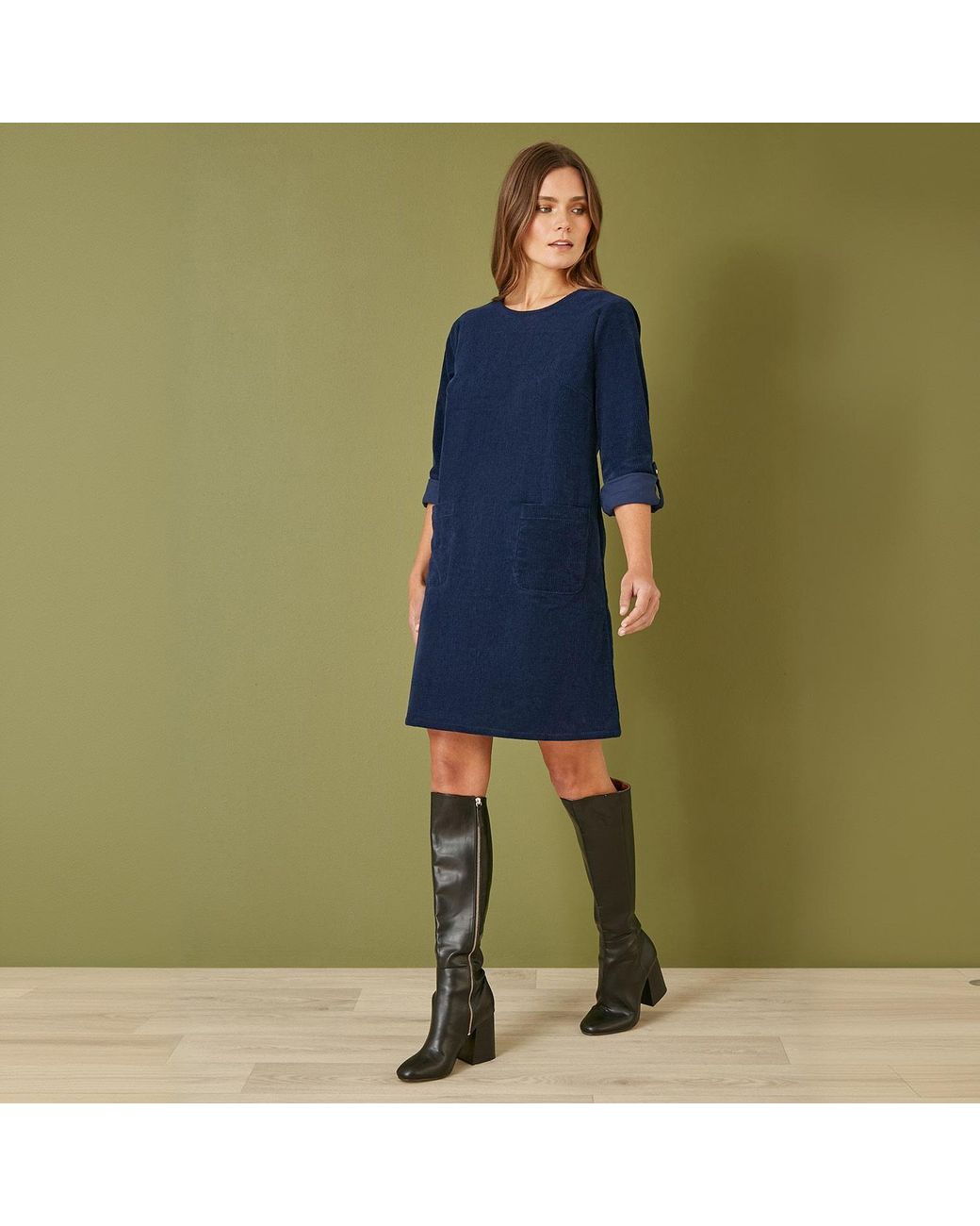 Yumi' Blue Cord Tunic Dress With Sleeves And Pockets