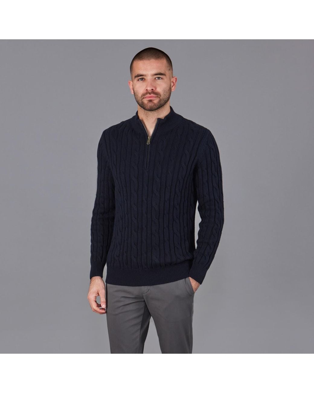 Paul James Knitwear Blue Midweight Romano Cotton Cable Zip Neck Jumper for men