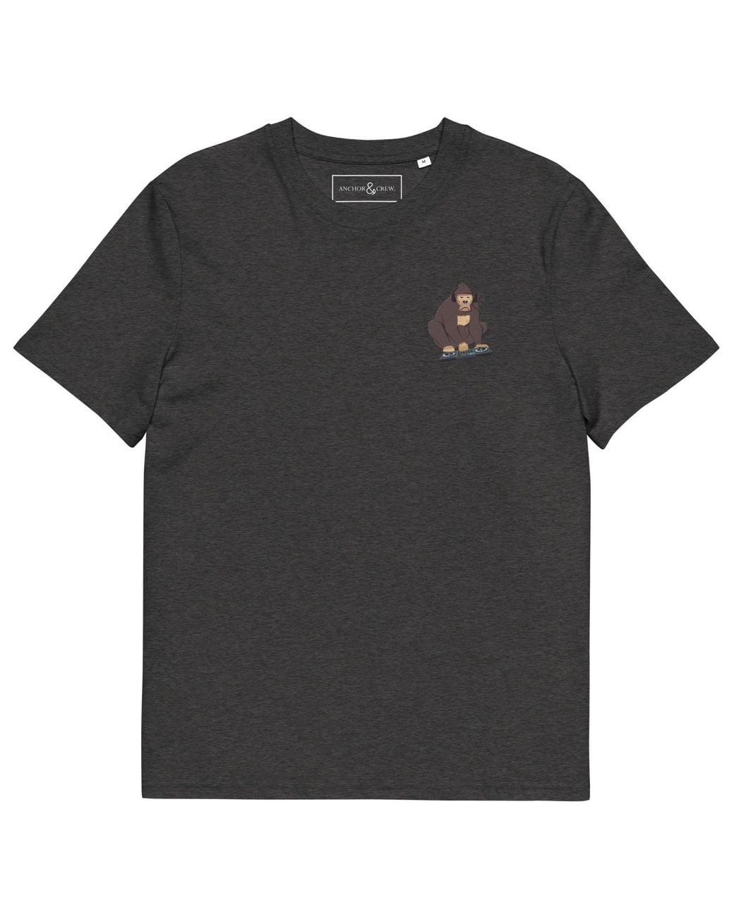 Anchor and Crew Black Heather D J Monkey Organic Cotton Embroidered T-Shirt