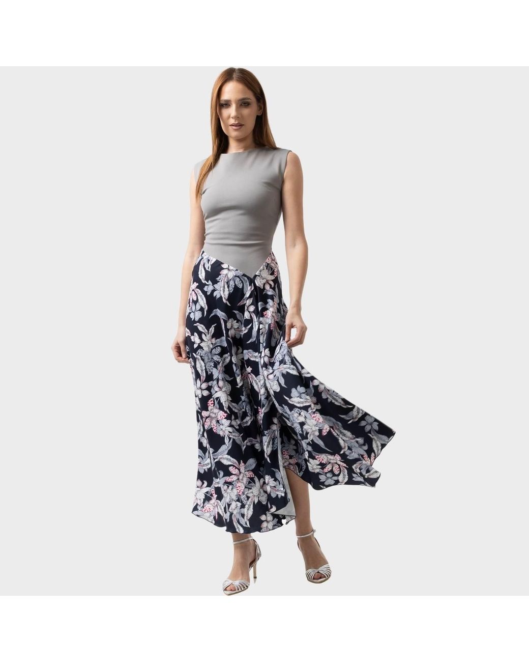 IZABELA MANDOIU Black Two-Tone Jersey Top Floral Midi Dress