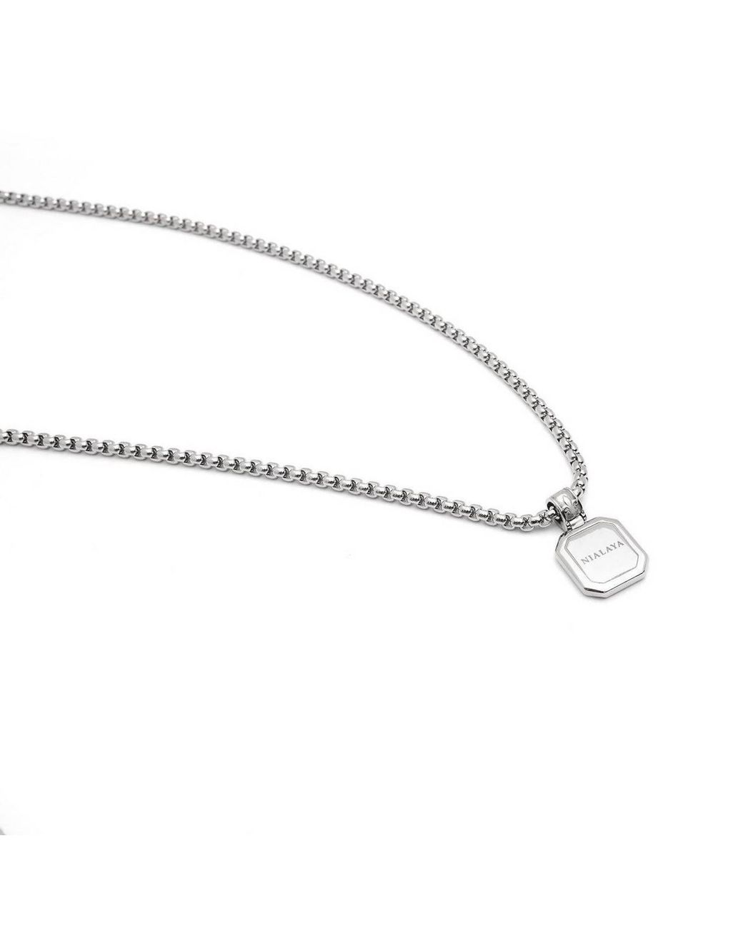 Nialaya White Necklace With Square Matte Onyx Pendant for men