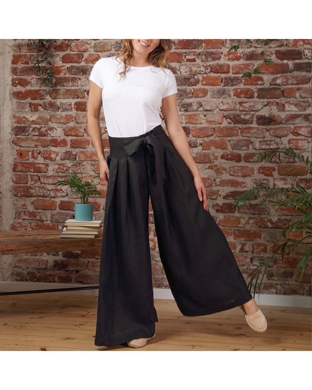 Nikka Place Black Wrap Around Wide Leg Linen Pants With Front Tie