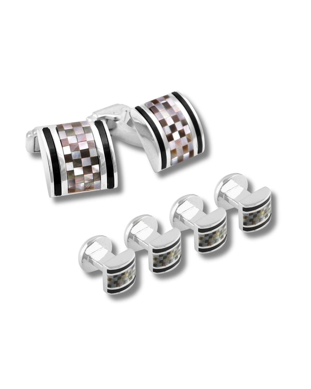 Tateossian Metallic Thompson D-Shape Mother Of Pearl Mosaic Cufflink And Studs Set for men