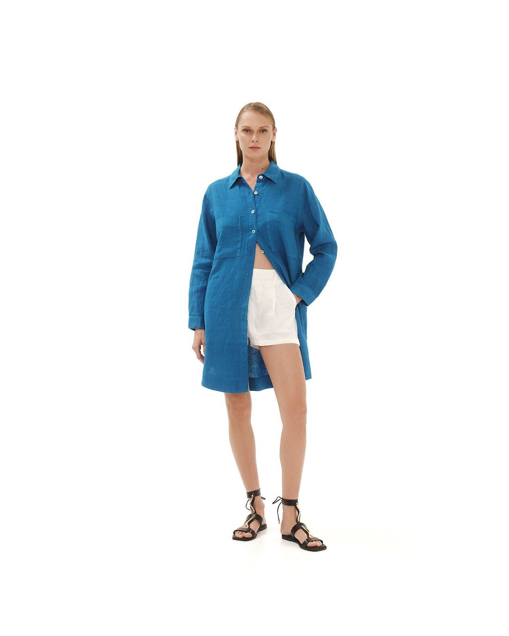 Haris Cotton Gray Long Sleeved Oversized Linen Shirt Dress