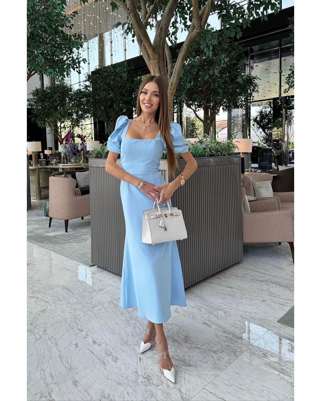 POST MERIDIEM Blue Light Godet Silhouette Square Neck Midi Dress
