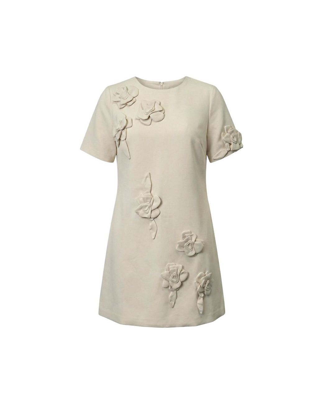 Modenaire Natural Neutrals Floral Applique Short Sleeve Mini Shift Dress