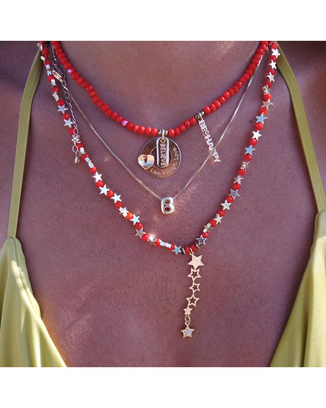 Ebru Jewelry Red Believe & Be Happy Crystal Beaded Choker Necklace