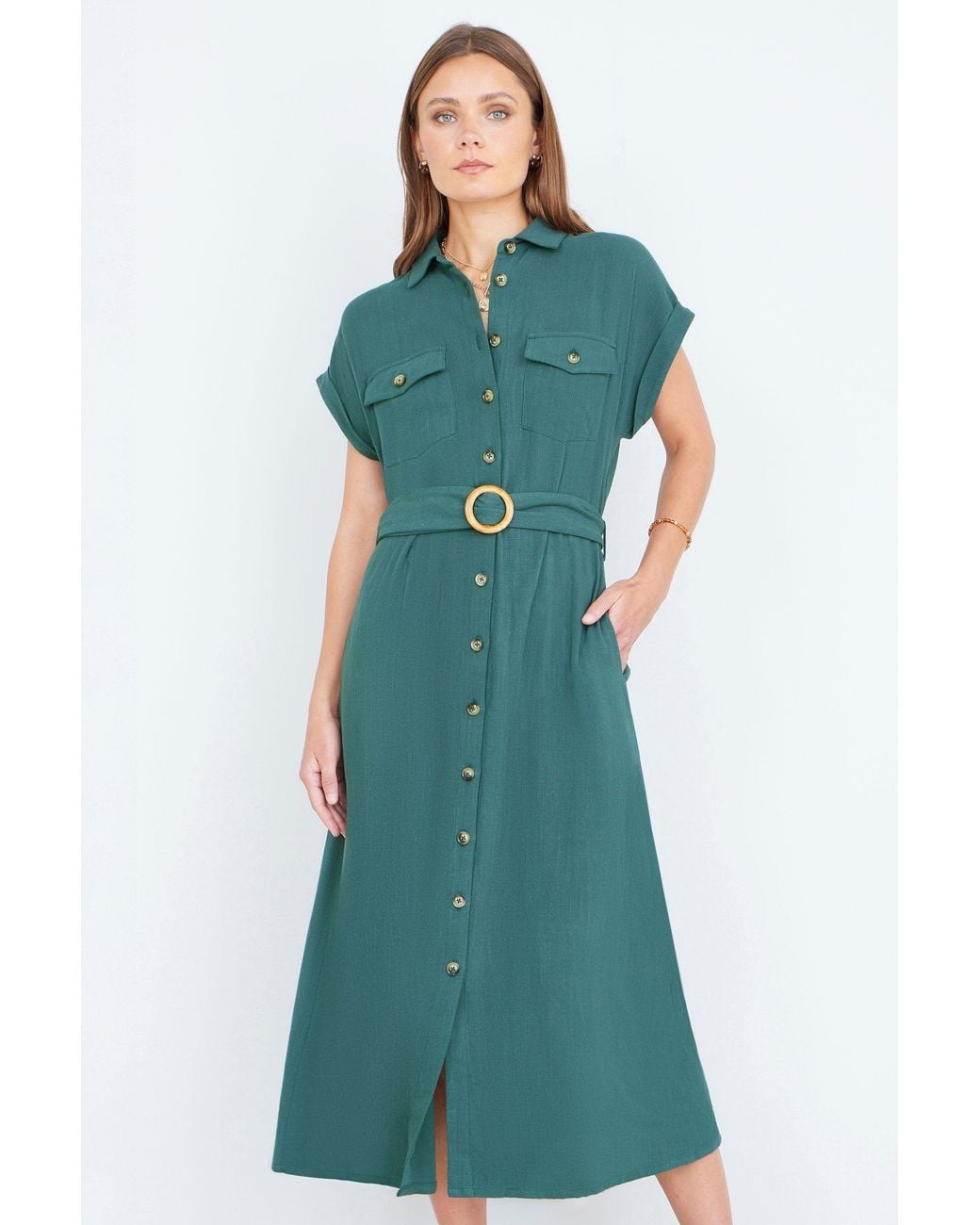 Yumi' Green Viscose Midi Shirt Dress With Wooden Belt