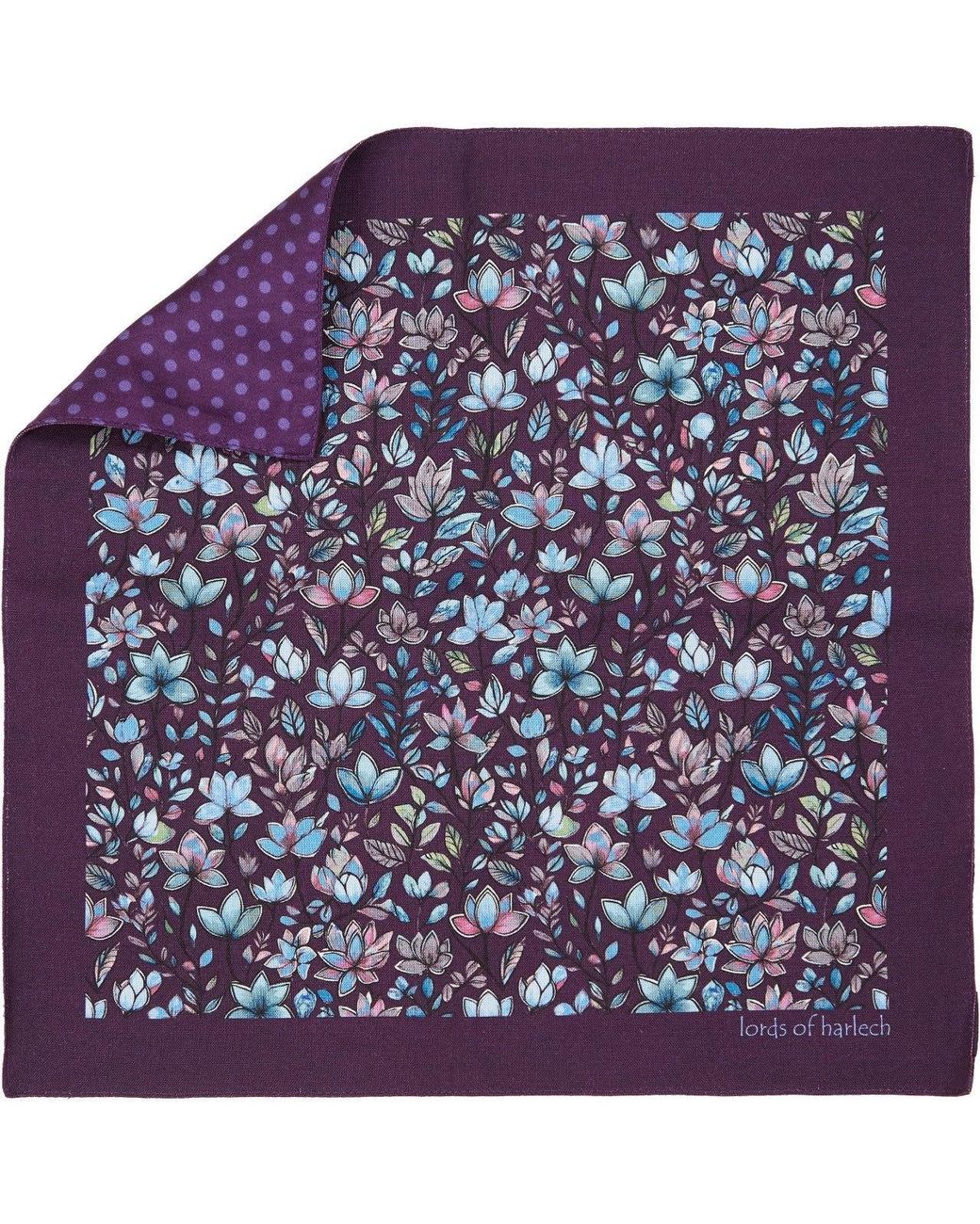 Lords of Harlech Purple Hudson Mystic Floral Merino Handkerchief Pocket Square for men